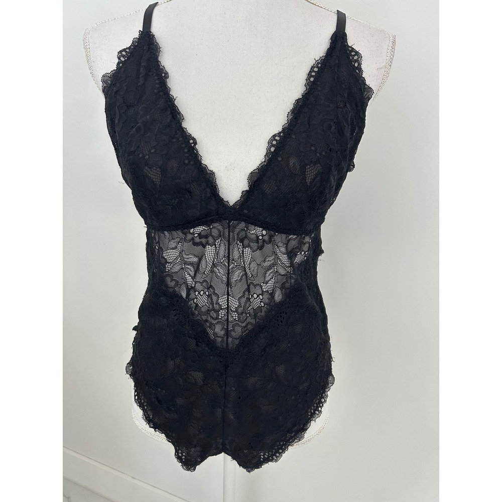 Avidlove Black Lace Bodysuit V-Neck Sheer Floral Lingerie Snap Crotch Large